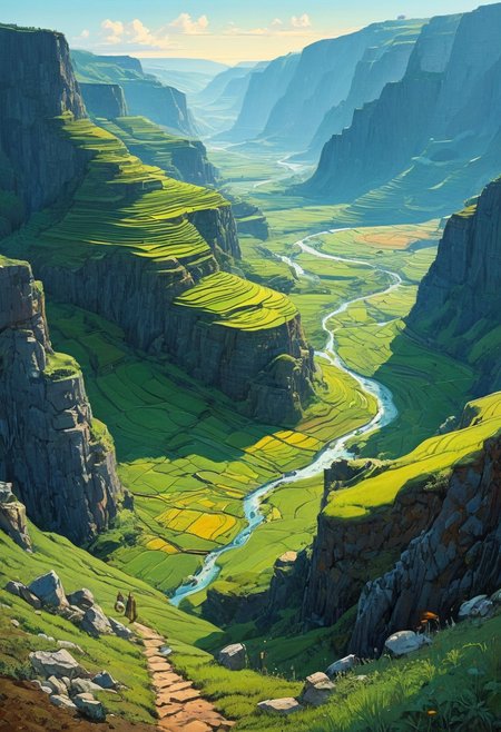 Surreal Landscape ,Creator Landscape,(style ofAlexander Ivanov (Biblical landscapes)),Rice paddies stepped into hillside,fossil impressions in shale,ice age cave paintings,, serene scene, anime, cyberpunk, Moebius art style,