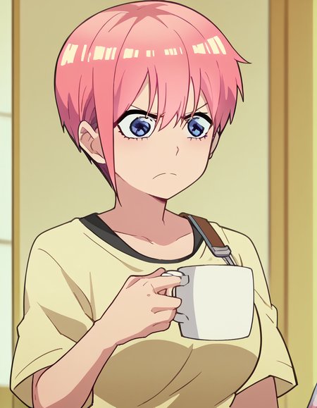 score_9, score_8_up, score_7_up, source_anime, <lora:ichika-nakano-s2-ponyxl-lora-nochekaiser:1>, ichika nakano, short hair, bangs, blue eyes, hair between eyes, pink hair, pixie cut, large breasts, anime screencap, <lora:shinji-holding-a-mug-ponyxl-lora-nochekaiser:1>, shinji holding a mug, holding, cup, frown, holding cup, mug, indoors, solo, ,
