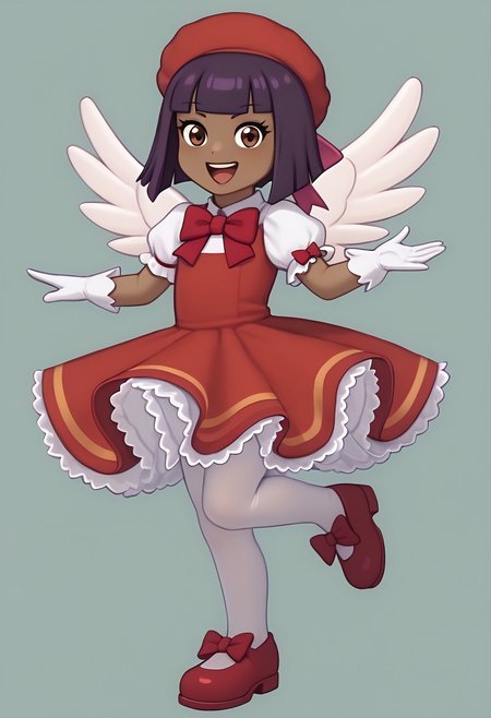 score_9, score_8_up, score_7_up, BREAK RuePS, 1girl, brown skin, purple bobcut, blunt bangs, brown eyes, cgi, source_cgi, full body, happy, sakurakinomotocosplay, kinomoto sakura \(cosplay\), bow, bowtie, dress, gloves, hat, magical girl, pantyhose, petticoat, ppuffy short sleeves, puffy sleeves, red bow, red bowtie, red dress, red hat, short sleeves, white gloves, white pantyhose, white wings, wings,