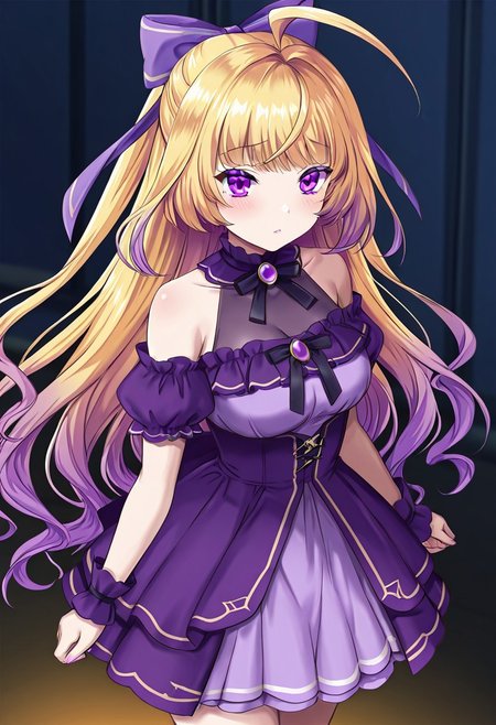 very awa,masterpiece, best quality, good quality,game_cg, anime coloring,CosetteOtogiFrontier,multicolored hair,blonde hair,purple eyes,ahoge,hair ribbon,CosetteDress,purple dress,standing