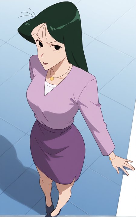 score_9, score_8_up, score_7_up, looking at viewer,  BREAK
Jacket_UmeMatsuzaka_ownwaifu,  
1girl, green hair, straight hair, long hair, jewelry, necklace, black eyes, bangs, 
long sleeves, skirt, shirt, purple shirt, collared shirt, sweater, turtleneck, dress, purple dress, purple skirt, 
retro artstyle, style parody, 
(watson cross, arms behind head, full body), spotlight, shadow, simple background, shoes, from above, looking up,  <lora:PONYXL_ShinChan_UmeMatsuzaka_ownwaifu:0.8> , depth of field, solo,