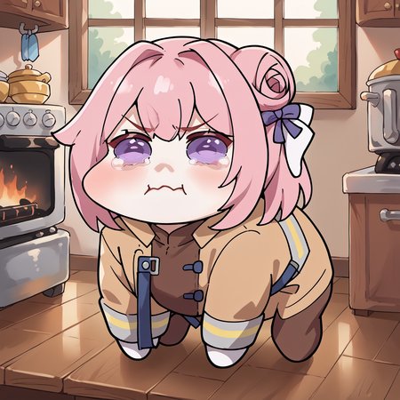 score_9, score_8_up,score_7_up, source_anime, <lora:Doro_X_PDXL_V1:1> solo, doro, creature, ;3, chibi, pink hair, purple eyes, hair bun, hair bow, white skin, tearing up, no humans, white skin, four legs <lora:concept_aquacrying_ponyXL:1>,  EPFireFighter, <lora:EPFireFighterPony:0.9>, wearing EPFireFighter, jacket, brown jacket, kitchen, table, stove,