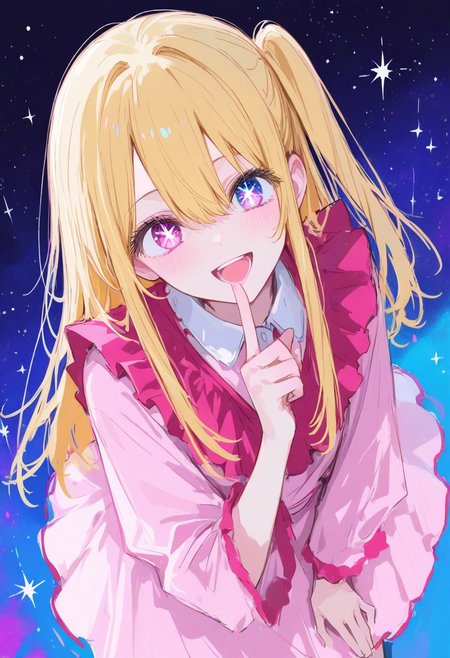 masterpiece, best quality, absurdres, highres, very awa, newest, sketch, 1girl, hirayama kanna, inplick, luxearte, 1 girl, hoshino ruby, oshi no ko, pink eyes, hair between eyes, star-shaped pupils, mismatched pupils, blonde hair, long hair, sidelocks, one side up, pink dress, finger to mouth, happy, open mouth, looking at viewer, stars, abstract background, close up, from above