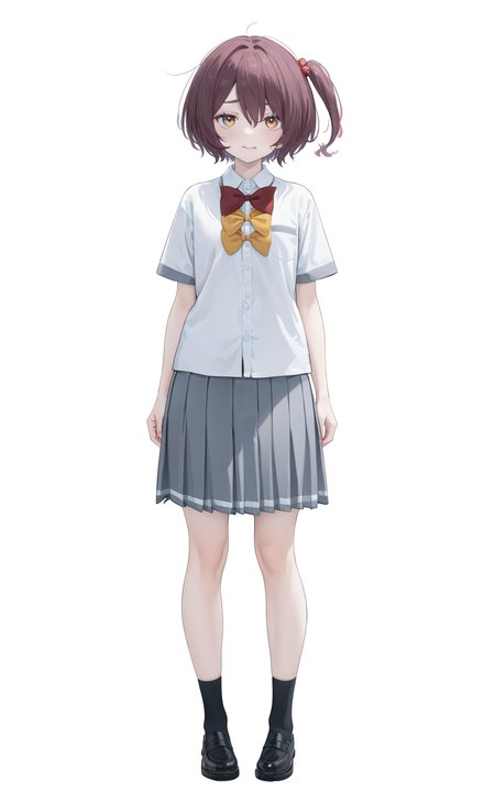 8k, best quality, masterpiece, (ultra-detailed), (high detailed skin), 
(full body:1.25), (white background:1.4), (simple background), standing, looking at viewer, (solo:1.2), 
<lora:Komari-a3-Tanger-000014:0.8>, Komari, default clothes, school uniform, 1girl, 4 bows, grey pleated skirt, bowtie, short sleeves, white collared shirt,