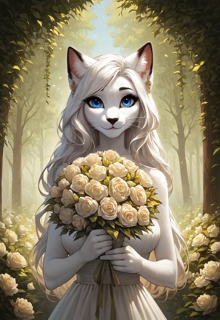 safe_pos, masterpiece, score_9_up, score_8_up, score_7_up, score_6_up, source_furry, (best quality:1.1), ultra-detailed, high resolution, solo, highly detailed macro illustration, 1girl, Nikita, anthro, cat, feline, female, white fur, long white hair, (beautiful detailed blue eyes), long eyelashes, black eyebrows, black animal nose, whiskers, fluffy ears, fluff in ears, black ear tips, breasts, closed mouth, :3, spring drees, gold earrings, sensual, (holding a bouquet of flowers:1.3) BREAK Outdoors, spring, forest in the background, flowers, lush vegetation BREAK Highly Visible, sharp focus, perfect lighting, anatomically correct, extremely detailed, high detail, Expressiveh, detailed background, zPDXL3