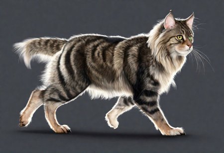 (realistic fur, hairy fur, dark fur,fluffy fur,(thick fur over body), detailed fur texture,long fur),claws,paws,fluffy paws,on all fours,quadruped,cat,tabby cat,long haired cat,mid stride,