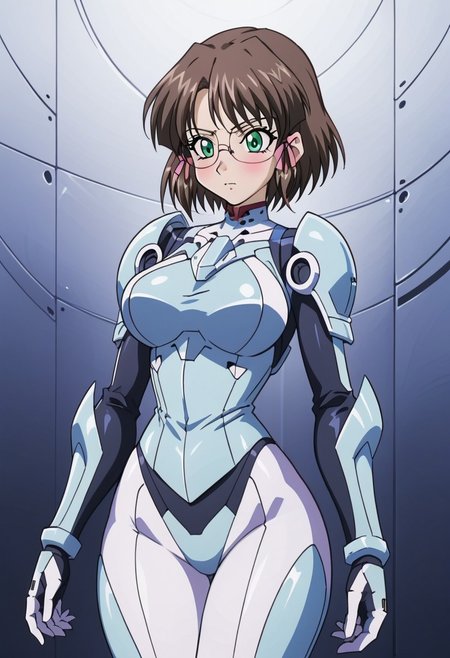 futuristic warrior girl, 1girl, <lora:RaikaKenStyle-09:1> true blue kaya, short hair, brown hair, hair ribbon, green eyes, glasses, blush, feminine, green armor, silver tech, SilverPulse, standing, holding futuristic assault riffle, defiant pose, futuristic background, neonpunk, <lora:Kaya_-_a«a¤_TRUE_BLUE_Gaiden_for_Pony:1>,1girl, breasts, solo, large_breasts, standing, one_hand_on_ground, other_hand_on_thigh, torso_twist, side_view, elegant_pose, soft_lighting, medium_angle,
