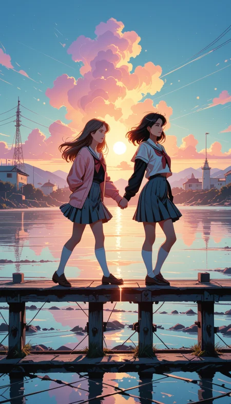 masterpiece, Shinkaistyle,
pinkretroanime, retro art,
Cyberpunk Style, cyberpunk, science fiction, hi tech, future tech, neon, (Cybernetics:1.25), (Neon Cityscape:1), (lineless:1.5), smooth edges, (lighten the face:1.5), tall body, slender body, fit body, long legs, In the tranquil twilight, two anime-style female characters are captured in a tender moment on a wooden pier. The girl on the left, with long blonde hair, is holding the hand of her companion, who has short dark hair. They are both dressed in school uniforms - the blonde girl in a white blazer and skirt, while the other sports a black shirt with a tie over it. Their bodies lean into each other as they walk side by side along the pier, their reflection shimmering on the water's surface below them. The sky above is a soft hue of light blue, transitioning to a deep orange near the horizon, suggesting that the sun has recently set. The clouds are sparse and low in the sky, adding to the serene atmosphere. The sea around them mirrors this warm glow, its surface rippling gently with the last light of day. The pier itself is long and stretches into the distance. On either side, there are boats docked, their silhouettes dark against the fading light. On the right, a small building can be seen, possibly a boathouse or a lighthouse, adding to the idyllic seaside setting. The overall mood of the image is one of peaceful companionship and quiet reflection. (twilight:1.95), (sunset:1.6), (dusk:1.45), long hair, blush, smile, bangs, blue eyes, multiple girls, skirt, blonde hair, brown hair, shirt, black hair, hair ornament, red eyes, long sleeves, bow, ribbon, holding, 2girls, brown eyes, closed mouth, school uniform, standing, purple eyes, jacket, full body, closed eyes, white shirt, short sleeves, sidelocks, pleated skirt, outdoors, parted lips, open clothes, sky, shoes, serafuku, day, socks, hairclip, collared shirt, cloud, black skirt, medium hair, sailor collar, water, black footwear, yuri, looking at another, uniform, red bow, from side, open jacket, red ribbon, blue sky, blue skirt, neckerchief, kneehighs, dutch angle, neck ribbon, profile, floating hair, shadow, holding hands, ocean, beach, brown footwear, arms behind back, sunlight, cardigan, cloudy sky, white socks, loafers, scenery, interlocked fingers, red neckerchief, eye contact, lens flare, grey skirt, backlighting, reflection, walking, sunset, high-waist skirt, white sailor collar, railing, sun, horizon, shirt tucked in, road, open cardigan, bridge, ripples, power lines, lamppost, river, twilight, utility pole, evening, puddle, gradient sky, kitauji high school uniform, standing on liquid, reflective water, pier, hanasakigawa school uniform