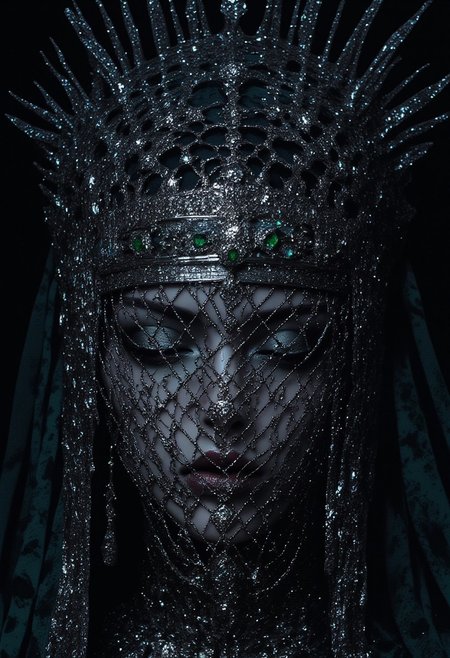 A enchantress materializes, her sad eyes are shattered emeralds. A tattered veil clings to her skin, casting an eerie silver glow. Chrome splinters crown her head, diamonds flashing like fireflies on a summer's night. A bejeweled latticework sprawls across her face, silver chains and diamonds glinting with manic light. Amidst this maelstrom, she remains serene, her gaze a cold, dark mirror reflecting the viewer's soul. A siren's call, beckoning deeper into the madness, her presence a whispered secret in the velvet darkness.