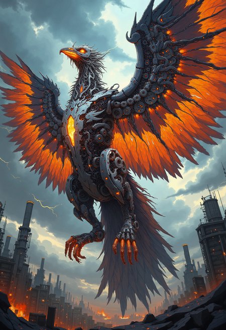 A massive mechanical phoenix, its wings and body crafted from intricately detailed gears, glowing with a fiery inner core. The metallic feathers of the phoenix shift in color from dark steel to fiery orange as they approach the tips. Its eyes glow with a deep, burning light. The background is a stormy sky, with dark clouds and flashes of lightning illuminating the mechanical creature as it soars above an industrial landscape. The entire scene feels powerful and dynamic, with the contrast between cold machinery and the warmth of fire.   <lora:CPA:0.93> <lora:anime_martzv2:0.53> anime_martz,  <lora:FLUX-daubrez-DB4RZ:0.33> DB4RZ, DB4RZ style painting,