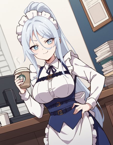 score_9, score_8_up, score_7_up, source_anime, <lora:sylpha-langlis-s1-ponyxl-lora-nochekaiser:1>, sylpha langlis, long hair, blue eyes, hair between eyes, ponytail, white hair,, large breasts, apron, maid, maid headdress, maid apron, frills, long sleeves,, home office, working from home, computer screen, coffee cup, focus, deadline, , smug, hand on own hip,, looking at viewer, solo,, dutch angle, cowboy shot