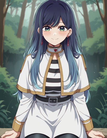 score_9, score_8_up, score_7_up, source_anime, <lora:akane-kurokawa-s2-ponyxl-lora-nochekaiser:1>, akane kurokawa, long hair, bangs, blue eyes, large breasts, black hair, blue hair, multicolored hair, gradient hair,, <lora:frieren-cosplay-ponyxl-lora-nochekaiser:1>, frieren cosplay, frieren (cosplay), shirt, long sleeves, jewelry, pantyhose, earrings, striped, black pantyhose, capelet, striped shirt, skirt, white skirt,, forest, sitting, smile, blush, cowboy shot, looking at viewer