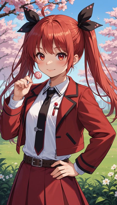 score_9, score_8_up, score_7_up, source_anime, outdoors,cherry blossoms,standing,cowboy shot,smile, flower field,
AAKotori, 1girl, holding candy, blush, twintails, white shirt, lollipop, hand on own hip, jacket on shoulders, red skirt, red eyes, black necktie, looking at viewer, ahoge, red jacket, red hair, hair ribbon, collared shirt, holding food, long sleeves, belt, pleated skirt, black ribbon, miniskirt, cowboy shot, dress shirt
<lora:Itsuka Kotori :0.7>