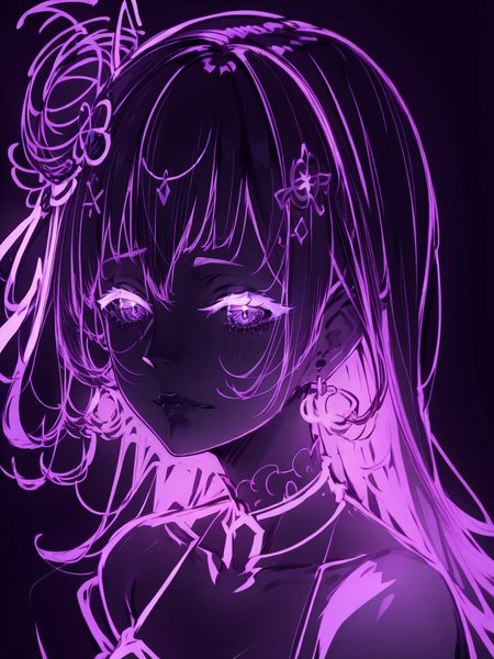 score_9, score_8_up, score_7_up, score_6_up, score_5_up,  <lora:neonXLP:1> neon, 1girl, solo, purple theme, monochrome, long hair, virtual youtuber, looking at viewer, earrings, bangs, jewelry, simple background, hair ornament, sketch, upper body, hair bun
