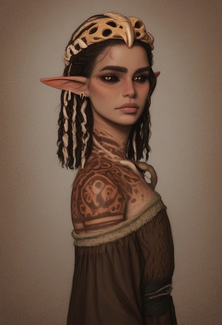 solo, bosmer, feminine, strong yet graceful, regal yet wild, bone-carved crown, elongated pointed ears, asymmetrical ear shape, snake pupils, dark bronze sclera, medieval setting, tribal leader, layered ceremonial robes, embroidered animal hides, intricate bone jewelry, deep tribal markings, eyes filled with wisdom, long wild braids wrapped in sinew, standing at a wooden throne, high wooden walls adorned with glowing runes, flickering firelight illuminating her face, tribal banners swaying in the wind, hyperrealistic details, cinematic storytelling