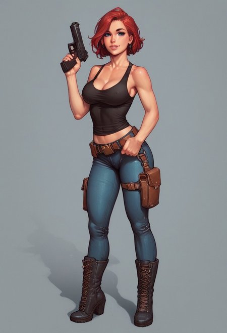 score_9, score_8_up, score_7_up, score_6_up, score_5_up, score_4_up, 1girl, skinny, looking at viewer, 
dynamic angle, score_9, score_8_up, score_7_up, score_6_up, rating_explicit, 1girl, cargo pants, beautiful Wendy from red hair, twin plaits, studio lighting, detailed realistic photo, blue eyes, medium breasts. cleavage,
sexy adult woman, 25yo, black tank top, knee boots, thick black belt, belt pouch,
(((full-clothed))), ((long big pistol in hands, handgun in hands))
BREAK 
strange world background score_9, score_8_up, score_7_up, score_6_up, source_cartoon, rating_explicit, Expressiveh, (((((full body))))), dynamic pose