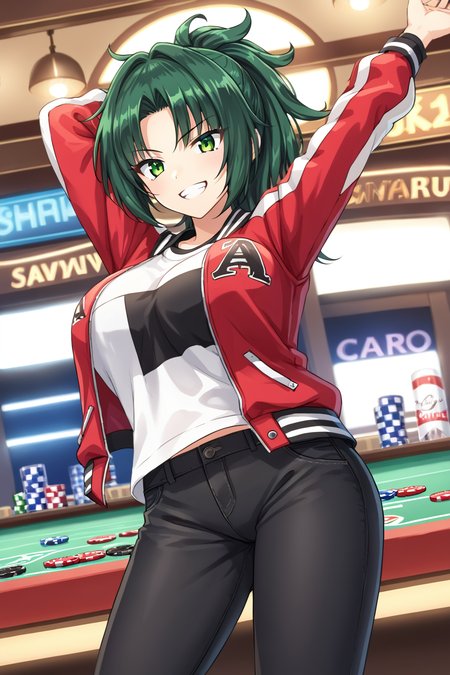 score_9, score_8_up, score_7_up, BREAK source_anime, masterpiece, 
1girl, solo, harunami anri, long hair, ponytail, green hair, green eyes, large breasts, <lora:anri_pony:1>
letterman jacket, long sleeves, shirt, black pants, 
casino, grin, standing,