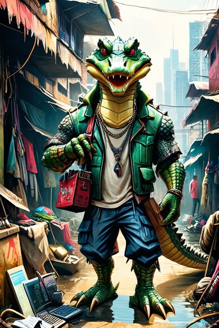 Detailed digital illustration of an anthro Alligator (Holding a prop confidently) at a Megacity slums with makeshift cyber clinics, <lora:xl_more_art-full_v1:0.5>,  <lora:anthro_muscular:0.7>,  <lora:MJ52:0.6>, <lora:madpunk:0.4> madpunk