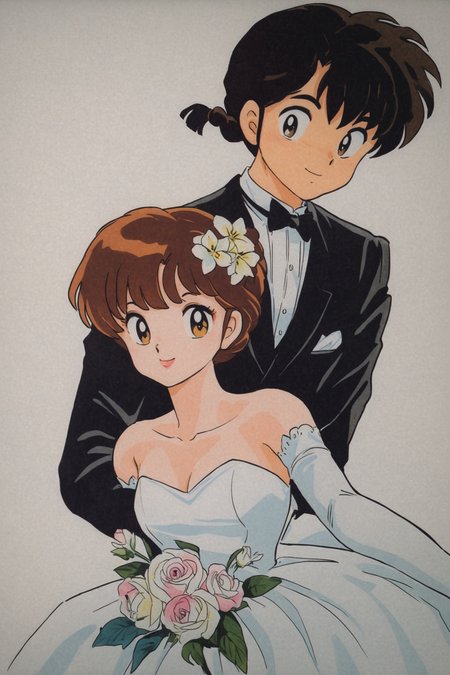 1girl, 1boy, dress, braid, flower, black hair, tuxedo, hetero, couple, bowtie, wedding dress, formal, retro artstyle, gloves, elbow gloves, bow, single braid, 1990s (style), short hair, brown hair, suit, white background, hug, looking at viewer, hair flower, white dress, smile, long hair, traditional bowtie,<lora:Takahashi Rumiko_XL:0.8>,