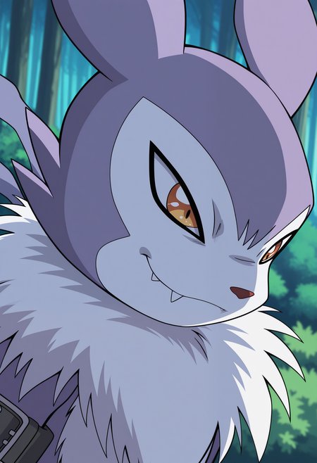 masterpiece,best quality,amazing quality, 1boy, solo, str4b1m0n, digimon (creature), close angle, side angle, smug, smirk, outdoors,