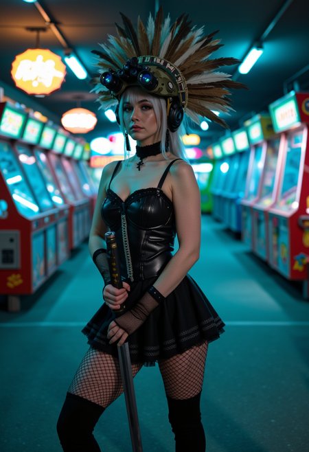 cinematic action shot of young woman wearing a modern military helmet equipped with night vision goggles The helmet has a camouflage pattern and is equipped with communication equipment, nightvision two tubes with green lenses above her eyeline, holding katana, hearing large ornate native american feather headdress, freckles, platinum silver hair and eyebrows, innocent face, wearing corset, wearing fishnet elbow gloves, choker, bangs, ponytail, black boots skirt, fishnet stockings, dangling cross earrings, indoors in a dimly lit empty abandoned indoor arcade, pitch dark except for glowing neon signs, slight bluish tint,