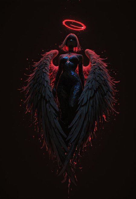 1girl, angel, big wings spread, protecting from dark monsters, (dark space :0.4), (flat lighting, flat color, flat design, no lineart:1), art deco, film grain, spot color, recursion, fractals, neon, pearlescent, masterpiece, best quality, amazing quality, very aesthetic, absurdres, newest, RBL-Illu