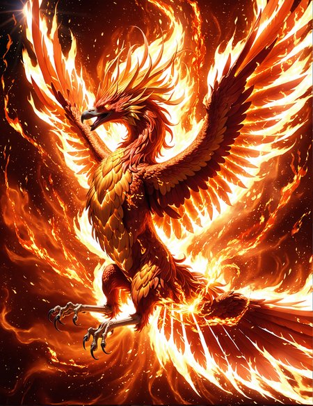 , fire spirit, flaming phoenix,  hyperrealistic, intense solar flares, vibrant orange and red hues, intricate details, blazing heat, dynamic motion, glowing plasma, celestial fire, high contrast, luminous, dramatic lighting, powerful energy, otherworldly, cosmic spectacle, high-definition, atmospheric,