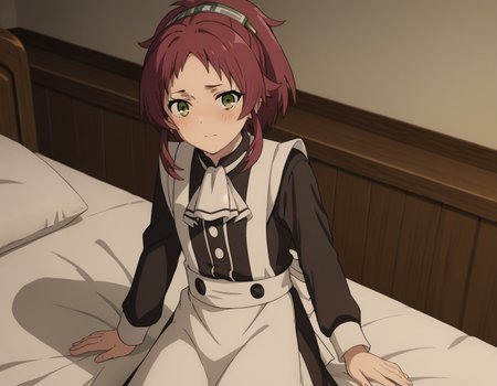 score_9, score_8_up, score_7_up, source_anime,
aishagreyrat, <lora:aisha-greyrat-s2-ponyxl-lora-nochekaiser:1>,
aisha greyrat, green eyes, ponytail, red hair,
long sleeves, apron, maid, ascot, white apron, white ascot,
indoors, bed, bed room, on side, blush, drunk,
solo, dutch angle, looking at viewer, cowboy shot,