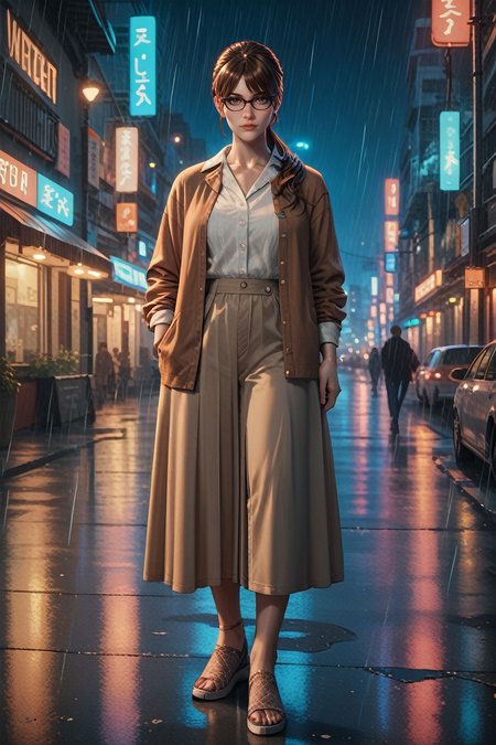 score_9, score_8_up, score_7_up,
<lora:TEWTatiana:0.8>
TEWTatiana, 1girl, brown hair, long hair, ponytail, bangs, brown eyes, glasses, looking at viewer, standing in the rain on a neon-lit city street at night, full body
