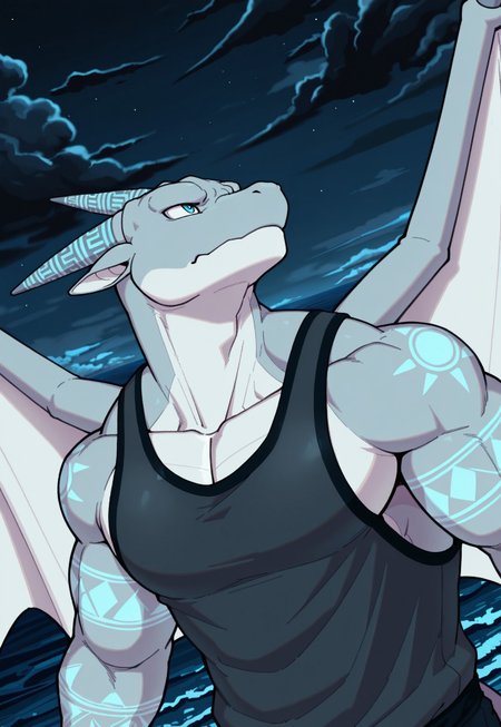 masterpiece, best quality, amazing quality, 1boy, bara, solo, male focus, furry male, dragon boy, lord_scheat, spread wings, tank top, flying, at night, looking up, serious, outdoors, sea, cloud, at night, from above, dark, dark cloud, speedy, close up, dutch angle