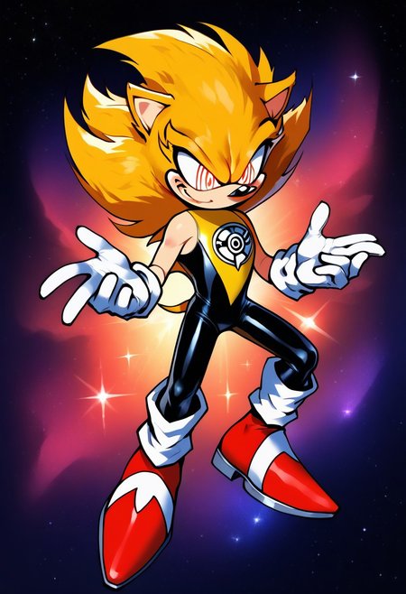 score_9, score_8_up, score_7_up , masterpiece, beautiful,1 male , solo. smug expression,
Fleetway_super_sonicEXE, yellow hair, red eyes, gloves, 1boy, animal ears, tail, white gloves, spiked hair, furry, furry male, body fur, animal nose, sonic the hedgehog, spiky, gold fur design swirl red eyes, 
, SinestronCOS,thighhighs,white gloves,skin tight,bodysuit,superhero,black bodysuit,yellow bodysuit,sinestrocorps symbol on chest, , knee boots, white boots,sinestrocorps symbols on chest, anime art style, starry background, outerspace,