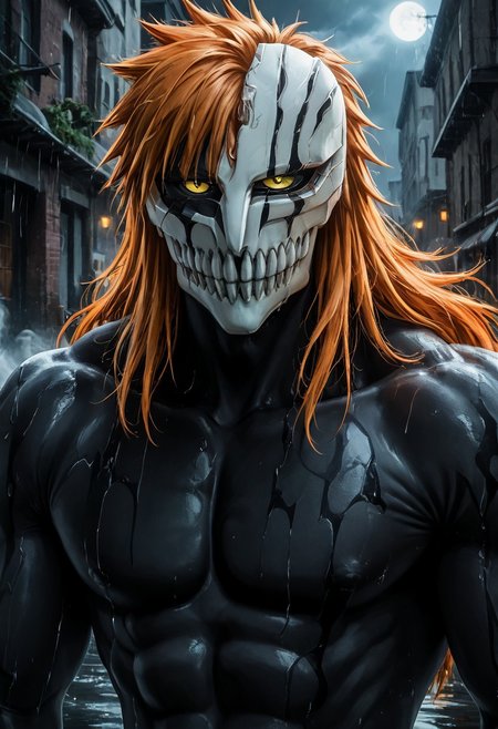score_9,score_8_up,score_7_up,score_6_up,hollowfication, 1boy, muscular male, orange hair,long hair,,armor,glowing,smoke,rain night,upper body, (angular face, sharp_featured face), charming, alluring, illustration, Volumetric_Lighting, ultra-detailed, very aesthetic, intricate details, 8k, masterpiece, best_quality, BREAK <lora:hollowxl:1> (hollowfication), evil smile, armor, smiling, jumping, action pose, evil aura, white mask, skull-likemask, shattered mask, ribs, pecs, muscles, bone, hollow, green, yellow eyes, bleach hollow, black sclera,hollow mask, hole in the chest, hollow ichigo, roars, vibrating, rage, red, <lora:hollowxl-000004:1>,<lora:ratatatat74_pony_v1-000015:0.5>, BL4CK3STBL4CK, black_theme, matte_color, flat_color, detailed background, urban, glass buildings, reflective glass, glass highrise, sky scrapers, flood water, water, broken glass, gray sky