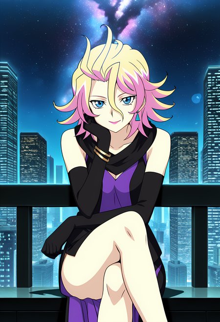 masterpiece,best quality,amazing quality,

solo, 

Verno Fahrenheart (Cardfight Vanguard), multicolored hair, two-tone hair, blonde hair, pink hair, blue eyes, makeup, lipstick, jewelry, earrings, dress, elbow gloves, scarf, bracelet, side slit, 

looking at viewer, smile, cheeks leaning on arm, 

cinematic, crossing legs, 

Outdoors, night, On top skyscraper, sci-fi city, (galaxy sky:1.2),

Lens flare, bloom, detailed shadow,

Official style, anime screencap, anime coloring,












