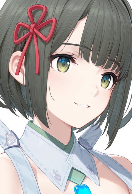masterpiece, best quality, good quality, 1girl, solo, miyabi \(xenoblade\), green eyes, hair ribbon, portrait, detached collar, chest jewel<lora:miyabi illustrious 039:1>