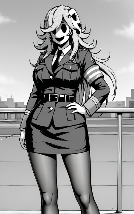 score_9, score_8_up, score_7_up, masterpiece, best quality, absurdres,  solo, BREAK
MangaBW_YayoiKusakabe_ownwaifu,  (greyscale,  monochrome), 
1girl, masked, no eyes, solid oval eyes, spiked hair, long hair, white mask, lipstick,  large breasts, mask, bangs, hair ornament, flipped hair, big hair, messy hair, 
jacket, breast pocket, police uniform, policewoman, collared shirt, necktie, belt, armband, pantyhose, pencil skirt, black belt, long sleeves, formal, miniskirt, pocket, black pantyhose, skirt suit, 
(contrapposto, hand on hip), sunset, sidelighting, outdoors, <lora:PONYXL_HighRiseInvasion_YayoiKusakabe_ownwaifu:1> , depth of field