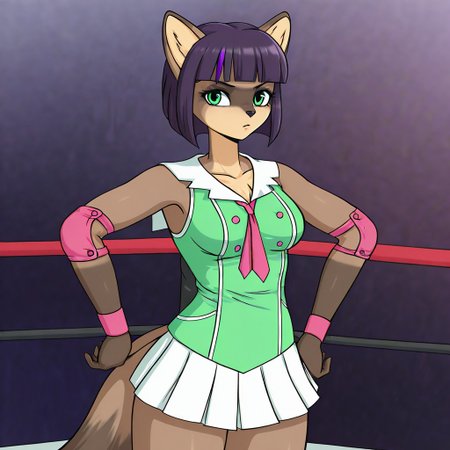 3n4,1girl,solo,furry,furry female,raccoon girl,racoon ears,short hair,black hair,purple hair,blunt bangs,bob cut,green eyes,snout,animal nose,body fur,two-tone fur,racoon tail, wristband, elbow pads, necktie, green shirt, white sailor collar, sleeveless, pleated skirt, white skirt, miniskirt, indoors, wrestling ring