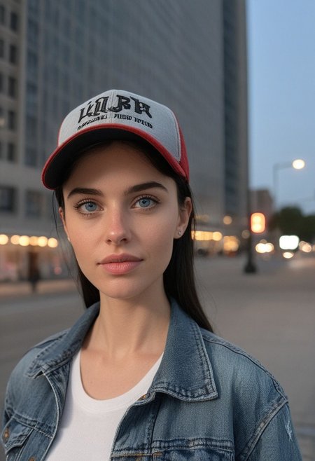 30yo woman posing for pic in front of tall building.
Blue eyes. small perfecteyes 
Wearing ripped Denim jacket red trucker hat
no makeup. Clear skin.  realistic skin style
Long dark black slick back hair. No makeup. Dusk, Street light. Looking at camera POV. Slight smile, tilting head.. Tilt head.
Medium Close Up shot. Bokeh. Bokeh light.