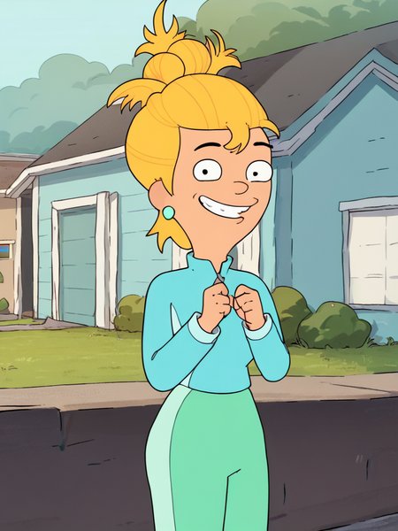 <lora:AnnieHarrisPony1.0:1> annieharris, blonde hair, 1girl, solo, earrings, hair bun, green pants, blue track jacket, long sleeves, smile,standing, outdoors,upper body,looking at viewer, score_9, score_8_up, score_7_up, score_6_up, score_5_up, score_4_up