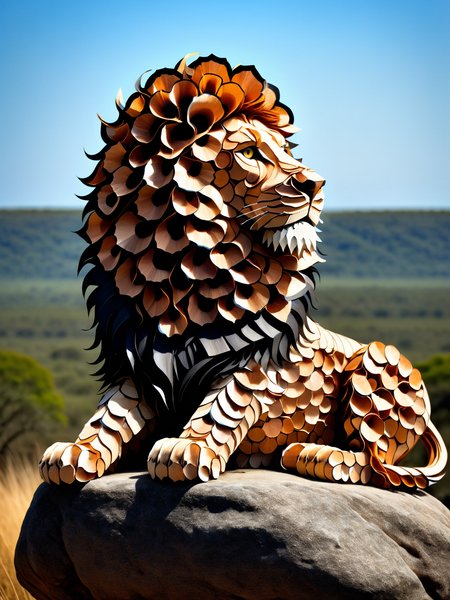 A ais-pencilshavings lion, sat on a rock looking out over the savannah,  dynamic, cinematic, masterpiece, intricate, hdr.  <lora:Pencil_Shavings_Style_SDXL:1>  <lora:EnvyBetterHiresFixXL01:0:hr=1>