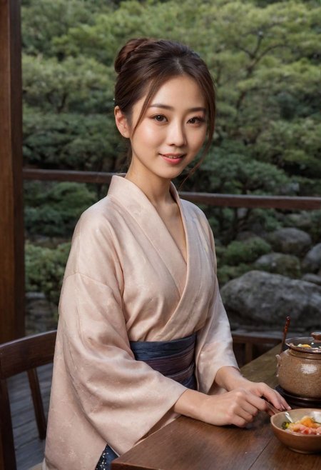 From frontal below :1.3,(dark background:1.3),(sitting behind wood table:1.631),(restaurant at ryokan:1.2),(Japanese tea cups and ((sukiyaki ))on table:1.63),((sukiyaki :1.5)),(beautiful real texture :1),smile face:1,(royal),10k,(real skin texture:1),high resolution,(one 32 years old elegant Japanese woman wearing in jyuban and colored long kimono:1.2), (looking at garden :1.4),exquisite face:1,(163cm tall:1),(fine wrinkle  :1.),(detailed innocent girls face:1.), NegfeetV2,(dazzling expression:1.54),(small single chignon:1), (only (one side )breast out:1.654)