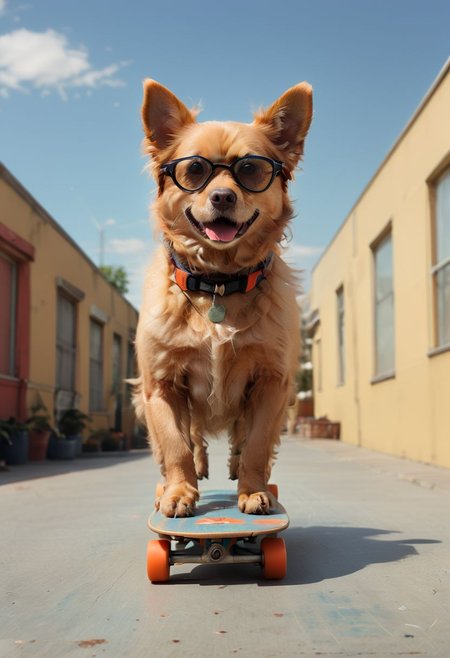 A dog riding a skateboard