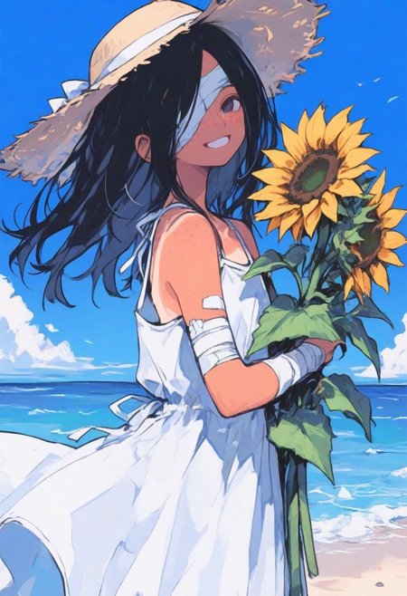 1 girl , ((bandage over one eye , amputated arm)) , bandage arm , smiling tan skin , freckles , sundress , sunhat , holding sunflower , blue sky , coast , ocean , looking at viewer , black hair , long floating hair ,
masterpiece, best quality ,amazing quality ,S4bit4mago_illu , xxx667_illu ,Protoneon  , ma1ma1helmes_b_illu,