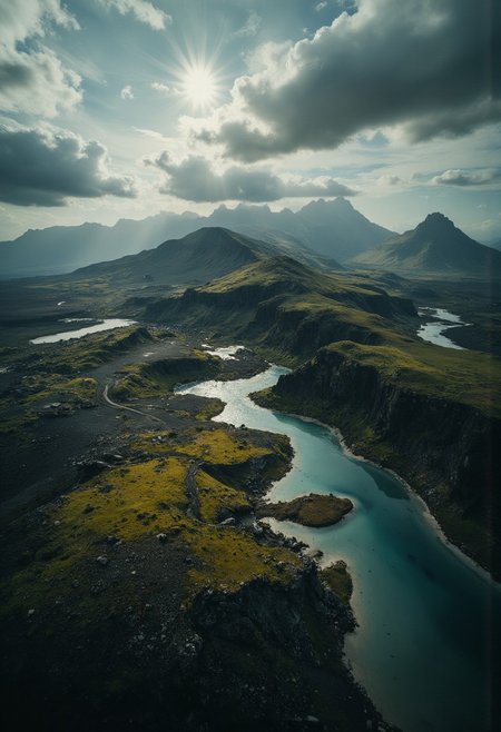 neo-expressionist aerial landscape photograph, volcanic textures, ethereal light play, moss-covered ridges merging with crystalline lakes, geological forces meeting atmospheric drama of red and grey sky --style ethereal