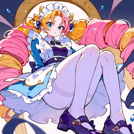 score_9, score_8_up, score_7_up, score_6_up, score_5_up, score_4_up,
1girl, blue eyes, multicolored hair, blonde hair, pink hair, twin drills, maid headdress, purple shoes, white pantyhose,
 <lora:gwen_cafe_cuties_pony_v1:1>