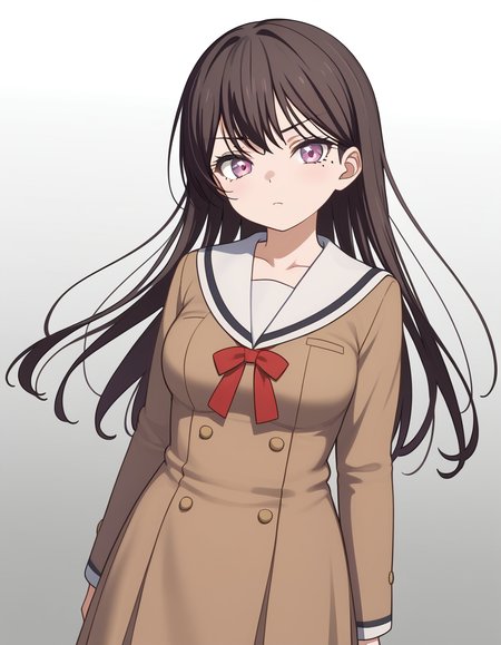 shiiina taki, 1girl, solo, school uniform, looking at viewer, gradient background, hanasakigawa school uniform, long sleeves, white sailor collar, cowboy shot, breasts, red ribbon, mole under eye,  <lora:shiina_taki_PonyXL_v1.2:1>, brown dress, double-breasted,