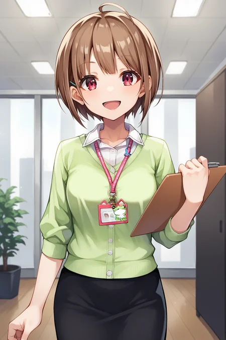 score_9, score_8_up, score_7_up, source_anime, nodokahaurusaki,  <lora:harusaki_nodoka_XL:0.9>, 1girl, solo, brown hair, short hair, ahoge, hairclip, red eyes, medium breasts, office lady, cardigan, green cardigan, white shirt, collared shirt, long sleeves, black skirt, pencil skirt, black pantyhose, lanyard, id card, indoors, office, looking at viewer, smile, open mouth, holding, holding clipboard, clipboard, cowboy shot