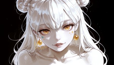sharp anime lineart, (monochrome style with a single color accent, black background, high contrast lighting), pale white skin, bare shoulders, exposed collarbone, messy hair in twin buns with loose strands, golden eyes, playful expression, (minimalistic composition, glossy highlights on skin and hair, soft shading, ethereal atmosphere, close-up portrait), asymmetrical pose, head tilt, looking directly at viewer
BREAK 
masterpiece, best quality, ultra-detailed, absurdres, newest, volumetric lighting, available light,