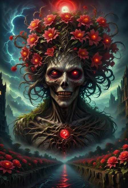demonic tree with sinister branches, blood red moon in the background, bloods flowing from the eyes, tears of blood, glowing bloods,  skulls with glowing eyes scattered around, 
vibrant red flowers, ethereal and eerie lighting, dramatic and haunting shadows, 
horror theme, terrifying ambiance, swirling mist, 
foreboding scene, sinister mood, ethereal glow, 
detailed background, magical elements, mysterious and terrifying, lifelike depiction, horror setting, dark sky, surreal and nightmarish, demonic presence, twisted and gnarled roots, dark, chiaroscuro, 
horrifying and creepy, gothic elements, 
dark crimson and black color palette, 
hyperrealistic, intricate details, realistic textures, ultra-quality