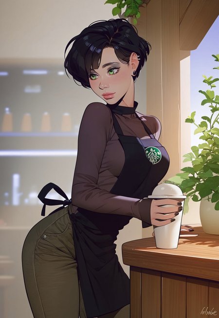 safe_pos, safe_pos, Masterpiece, score_9, score_8_up, score_7_up, score_6_up, Expressiveh, coffee shop, dark wood bar, 1girl, (21 years old, cute barista, big green eyes, short black hair, green eyes, goth girl, purple tshirt, medium breasts, black apron, black cargo pants:1.2) leaning forward,  holding out coffee,  scenery