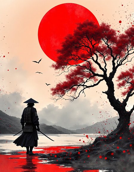 Silhouette of a samurai, serene and resolute, positioned amidst a vibrant, stylized landscape.  Large, crimson sun dominates the upper portion, contrasted with ink-wash washes of black and gray, evoking a traditional Japanese ink painting style.  The samurai is depicted in a  traditional Japanese warrior garb, with a simple black hat. He holds a pair of swords, and walks in a determined, steady manner across a stylized watery surface marked with splattered crimson and black.  A large stylized tree with red blossoms dominates the mid-ground, its branches extending towards the crimson sun. The overall composition utilizes negative spaces effectively, creating a sense of vastness and tranquility.  The color palette consists of intense crimson, deep black, gray, and hints of white.  The painterly texture is prominent, with loose brush strokes that give a sense of movement.  The overall atmosphere is quiet, profound, and steeped in a sense of Japanese cultural aesthetic.  Splatter and stain art style, Japanese ink painting, <lora:Dever_Flux_Enhancer:0.5>, <lora:flux.1_lora_flyway_Epic-detail_v2:0.4>, <lora:FantasyWizardWitchesFluxV2-000001:0.8>, HKMagic